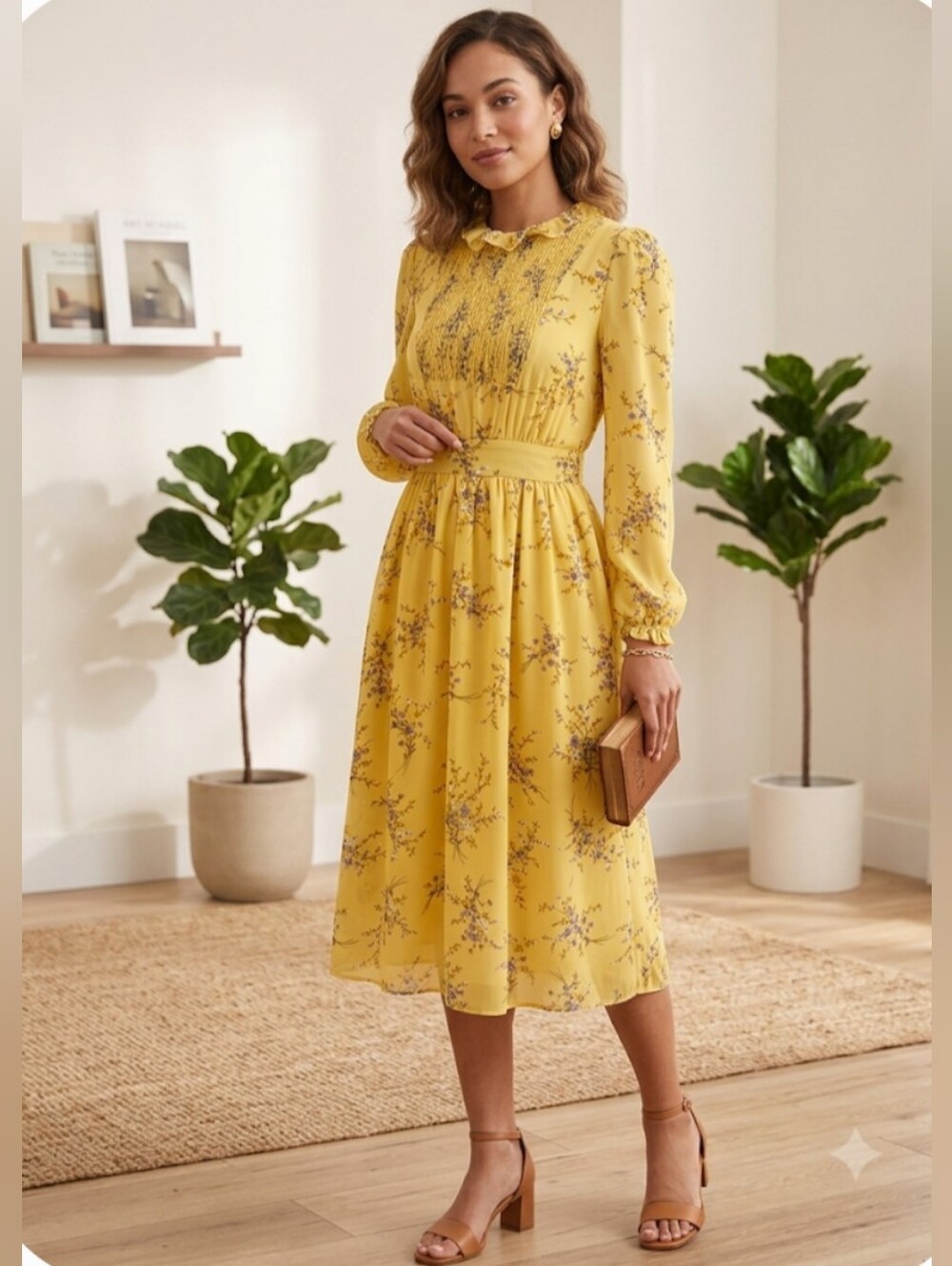 Topshop Yellow Floral Long Sleeve Smocked Midi Dress